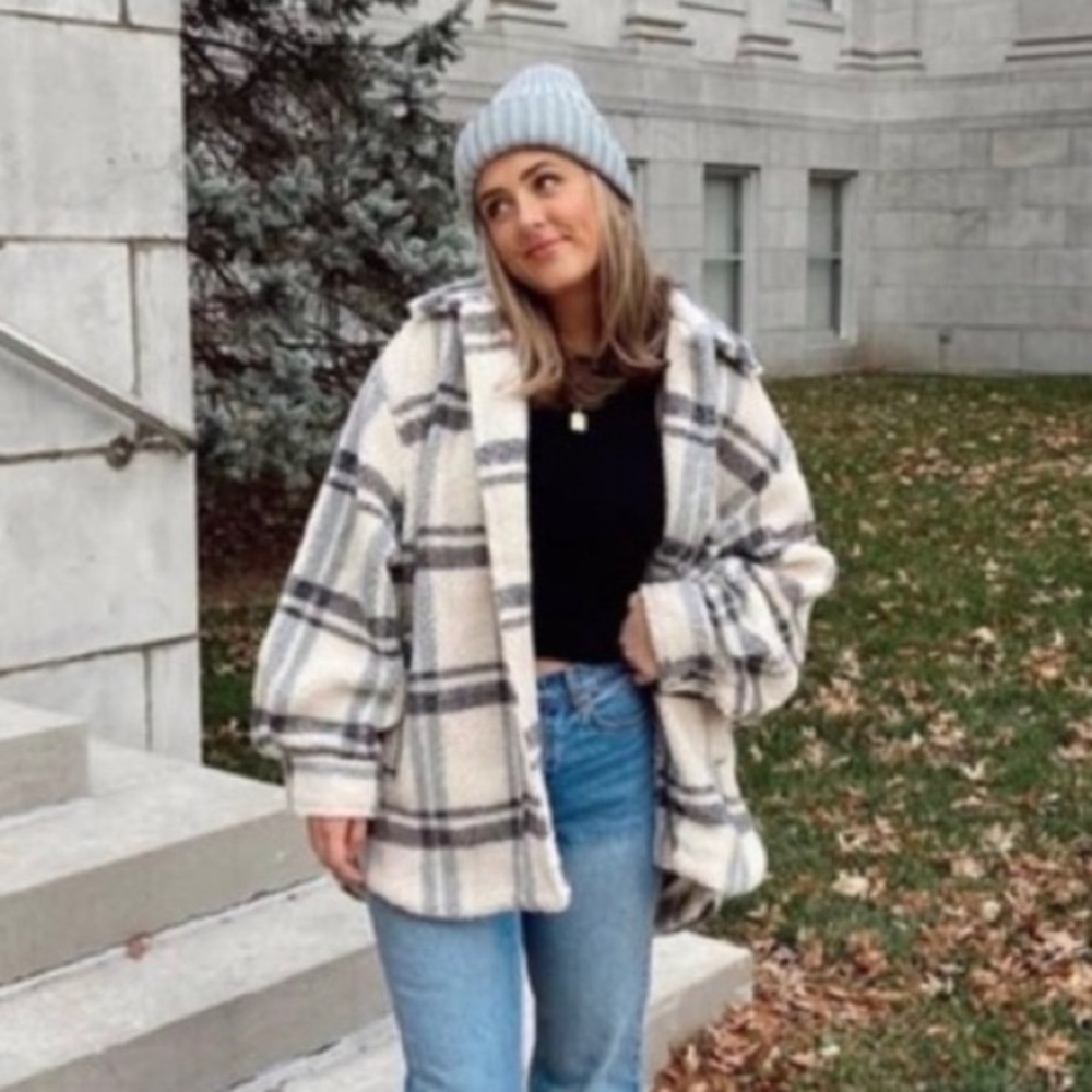 H&M Oversized Plaid Flannel Black Blue Orange Shirt Jacket Shacket Sz XXL